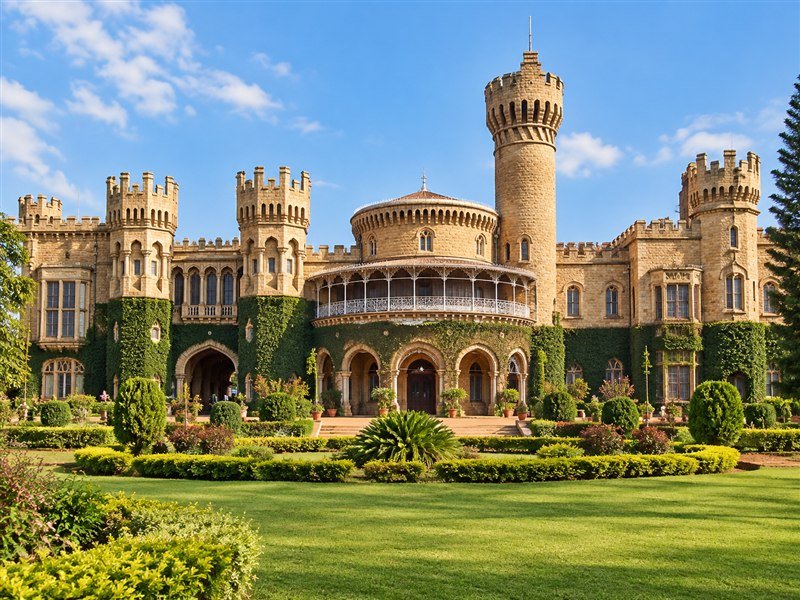 Bangalore Palace's stone facade and towers beyond a green lawn