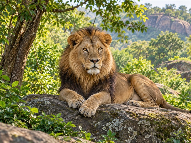 Illustrative Bannerghatta safari scene with a lion in a forest clearing