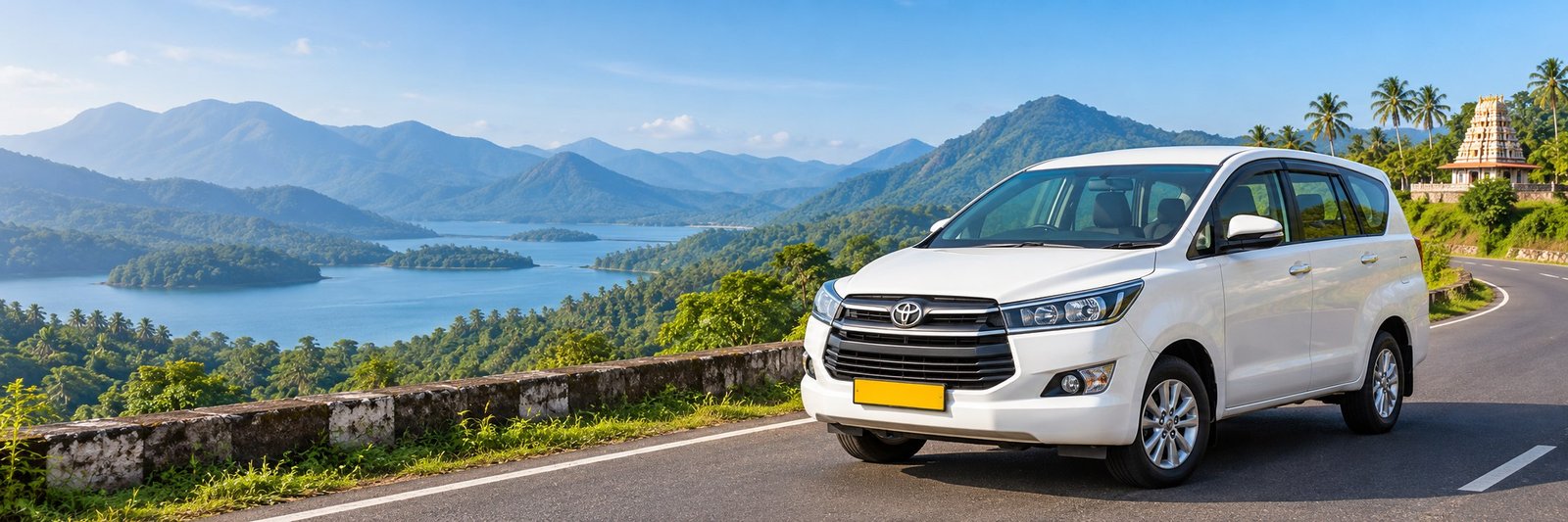 White SUV taxi on a scenic road through South India's green hills